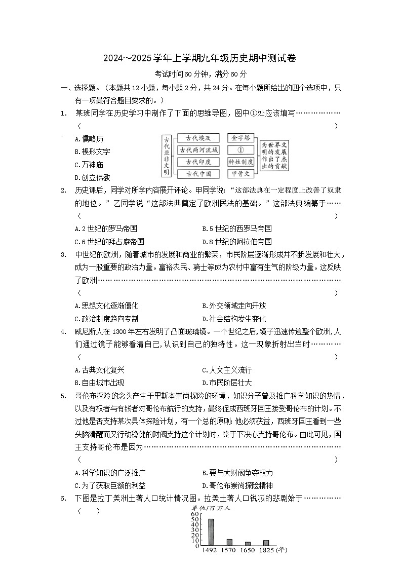 河北省保定市徐水二中教育集团2024-2025学年部编版九年级历史上学期期中试题第1页