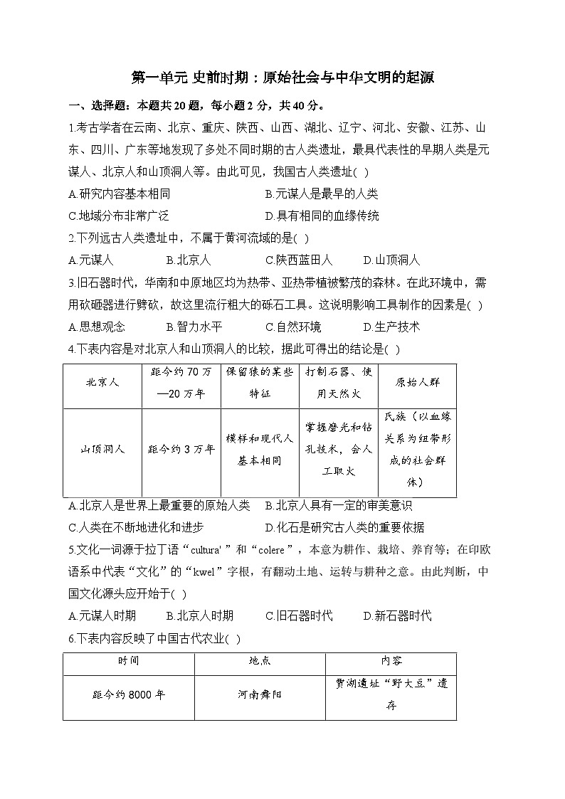 第一单元 史前时期：原始社会与中华文明的起源——七年级上册历史统编版（2024）单元质检卷（A卷）（含答案）第1页