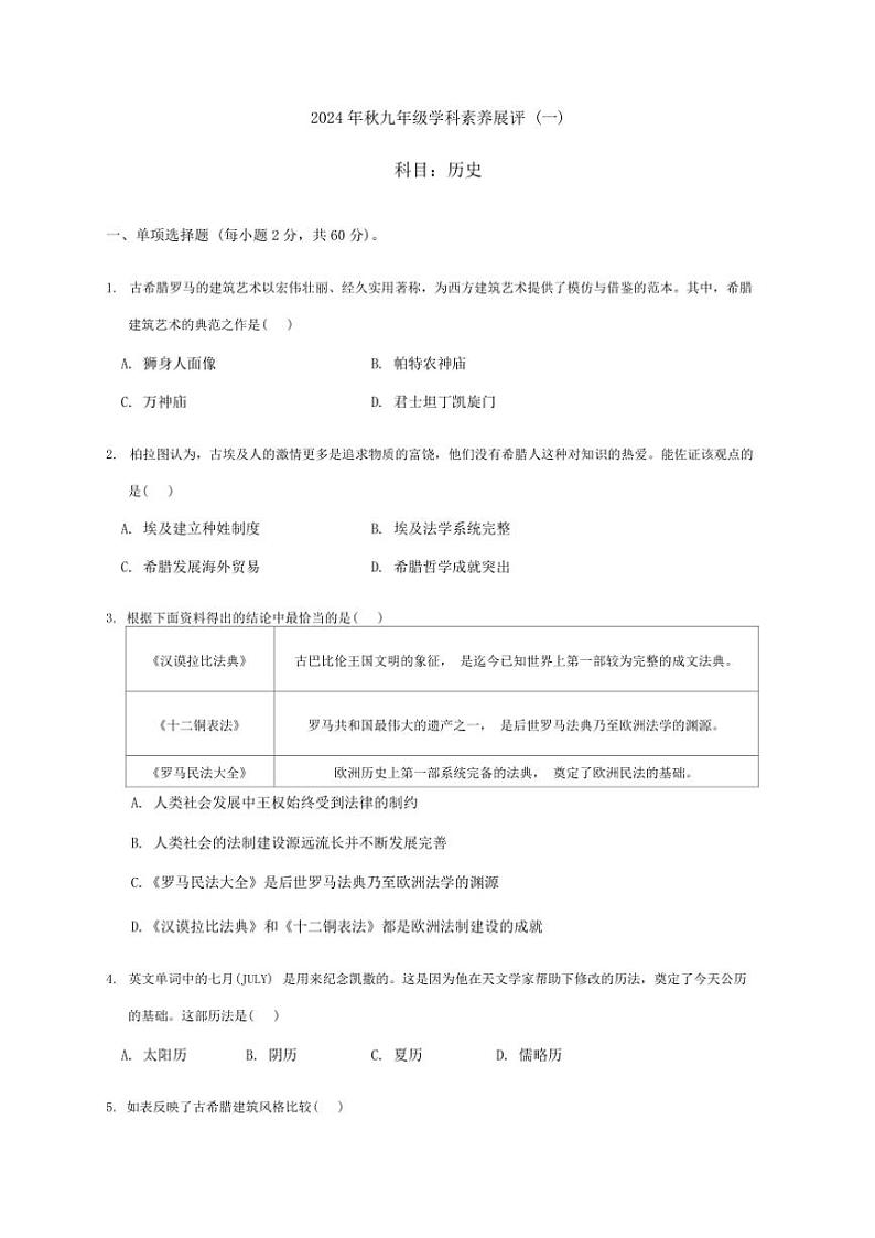 广东省茂名市化州市2024～2025学年部编版九年级历史上学期第一次月考试题（含答案）第1页