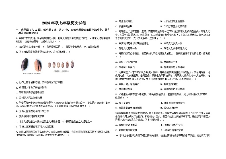 湖北省咸宁市2024--2025学年部编版七年级历史上学期期中考试题01