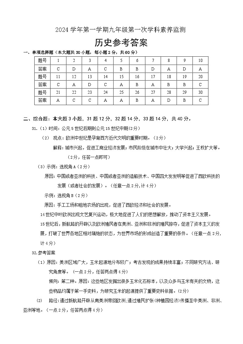 九年级历史答案第1页