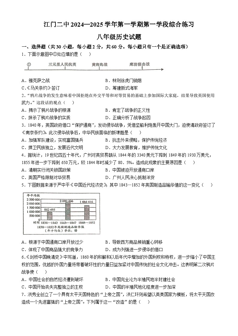 广东省江门市第二中学2024-2025学年八年级上学期期中历史试题(无答案)第1页