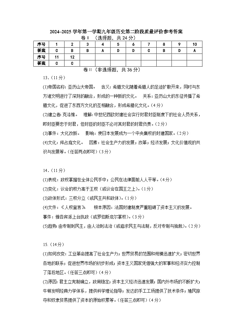 河北省邢台市威县李寨中学2024—2025学年部编版九年级上册11月份月考历史试题01