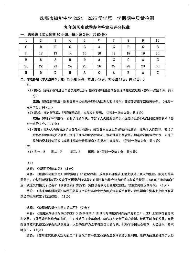 广东省珠海市梅华中学、子期中学2024-2025学年上学期九年级历史期中考试答案第1页