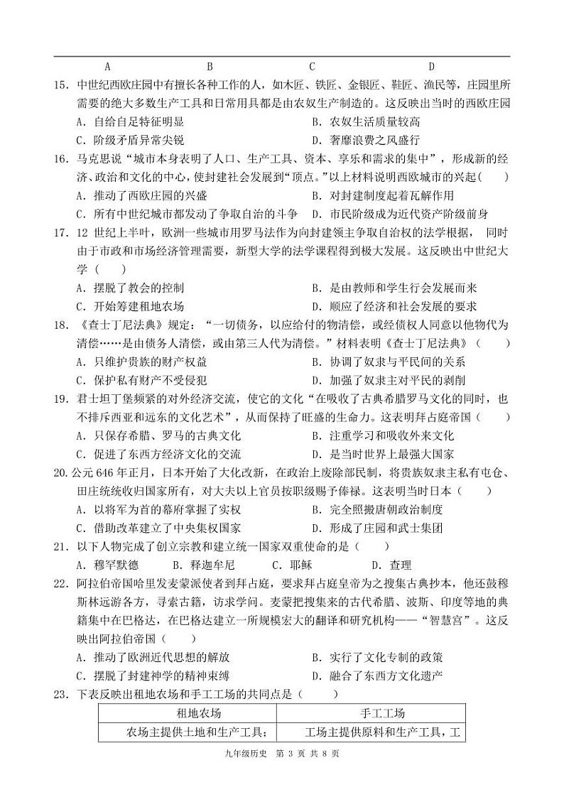 广东省韶关市新丰县2024-2025学年九年级上学期期中考试历史试题第3页