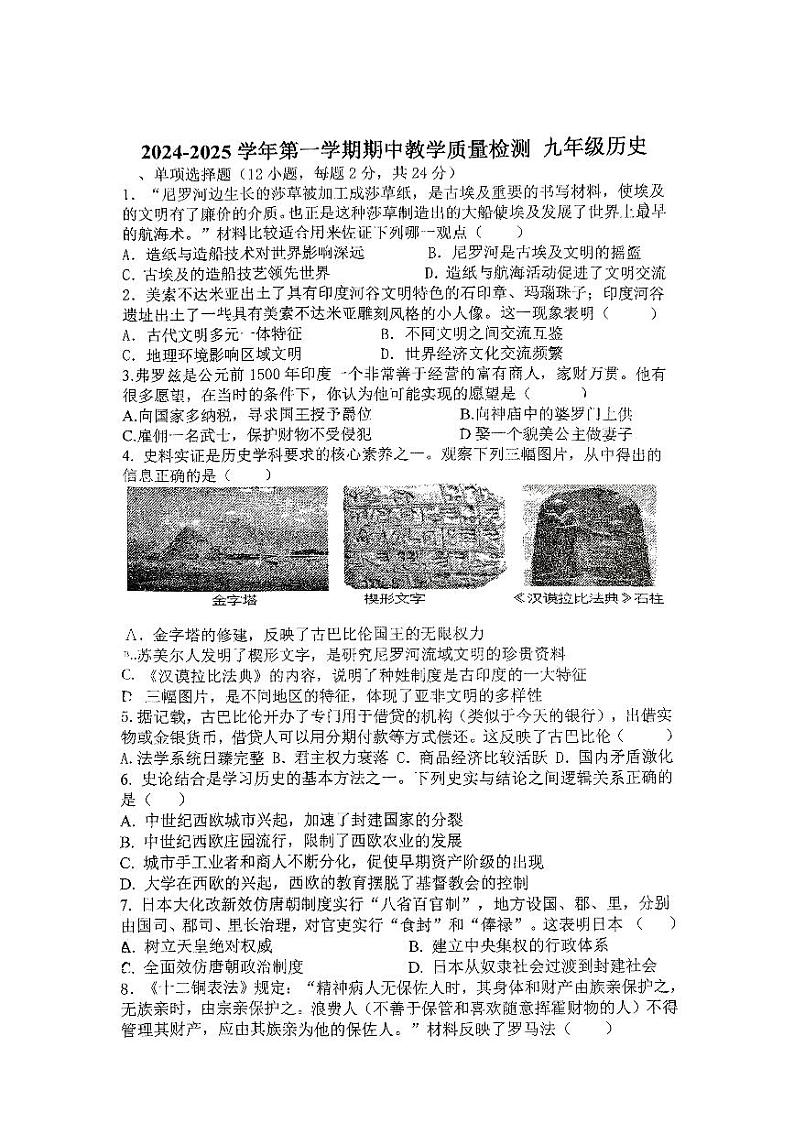 安徽省阜阳市颍东区2024-2025学年九年级上学期期中历史试题01