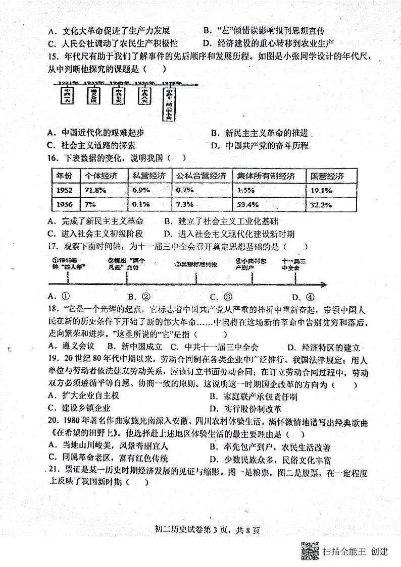 广东省江门市新会东方红中学2021-2022学年部编版八年级下学期期中考试历史试题03