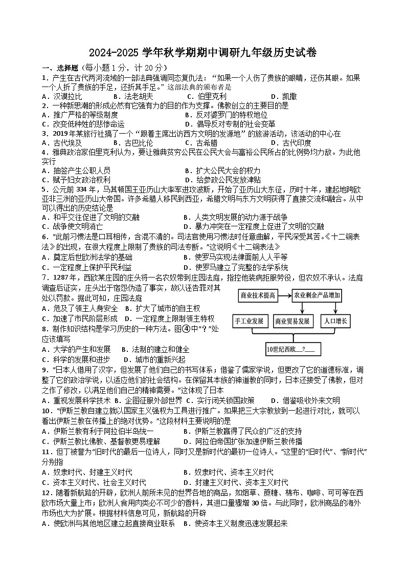 江苏省盐城市东台市联考2024-2025学年九年级上学期11月期中历史试题第1页