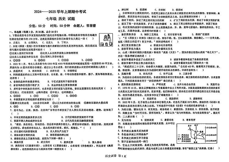 河南省郑州市四中迎宾中学2024--2025学年部编版七年级历史上学期期中测试题01
