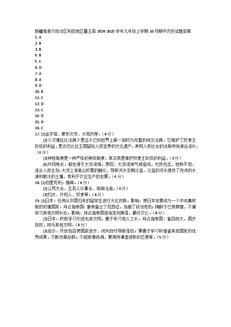 新疆维吾尔自治区和田地区墨玉县2024-2025学年九年级上学期10月期中历史试题答案第1页