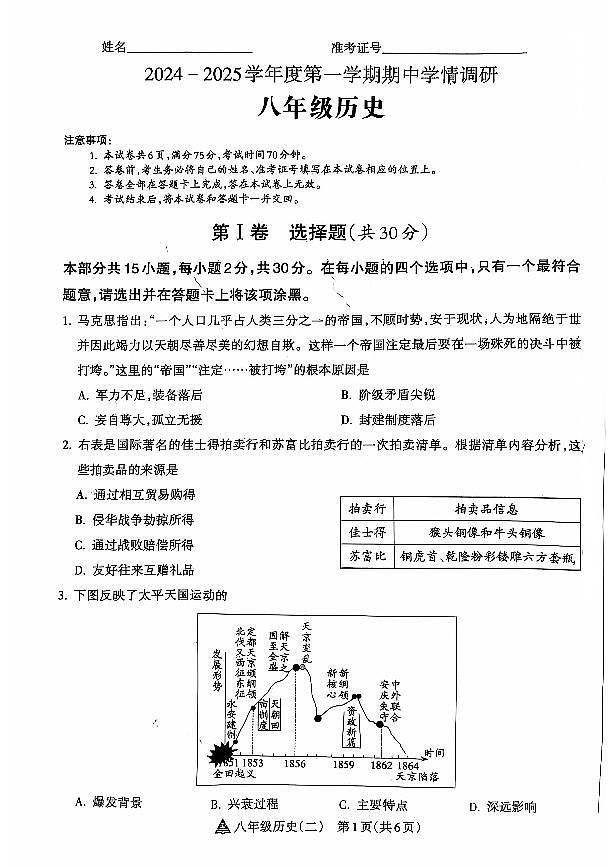 山西省晋中市左权宏远学校24-25八年级第一学期期中历史学情调研模拟卷第1页