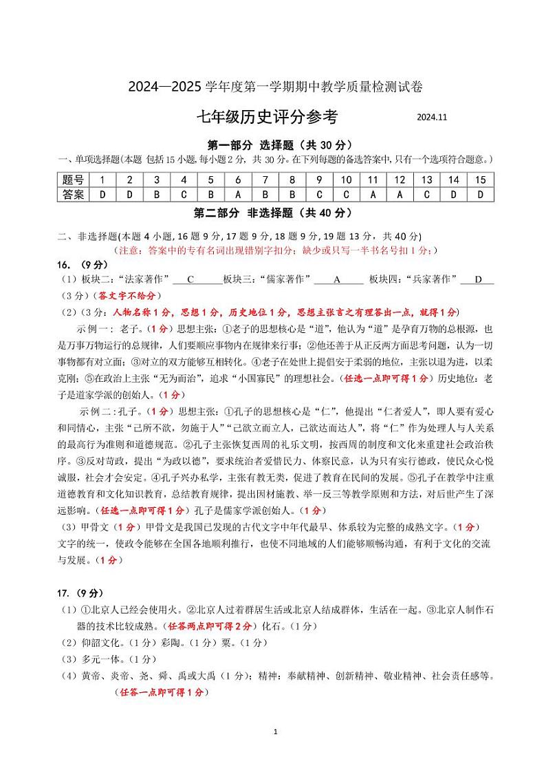 辽宁省大连市金普新区2024-2025学年七年级上学期期中历史质量抽测答案第1页