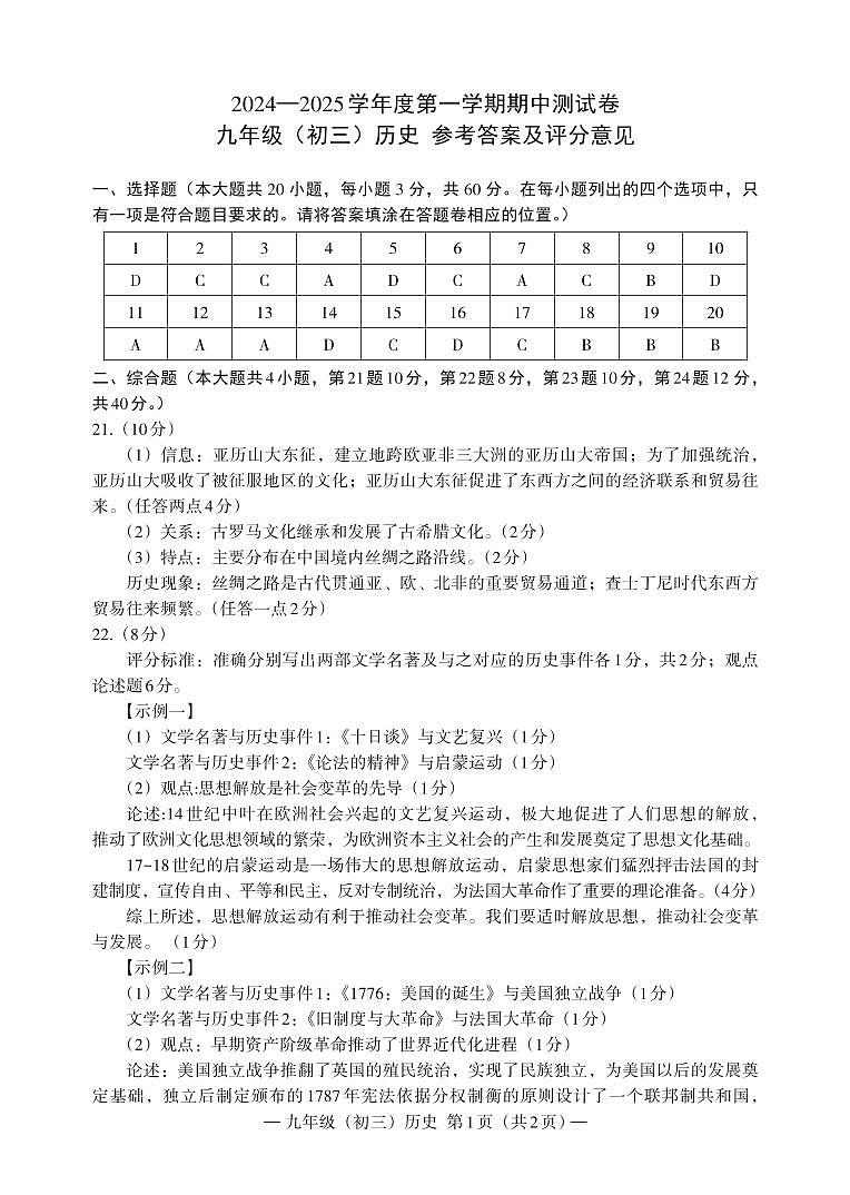 江西省南昌市2024-2025学年九年级上学期11月期中历史试题01