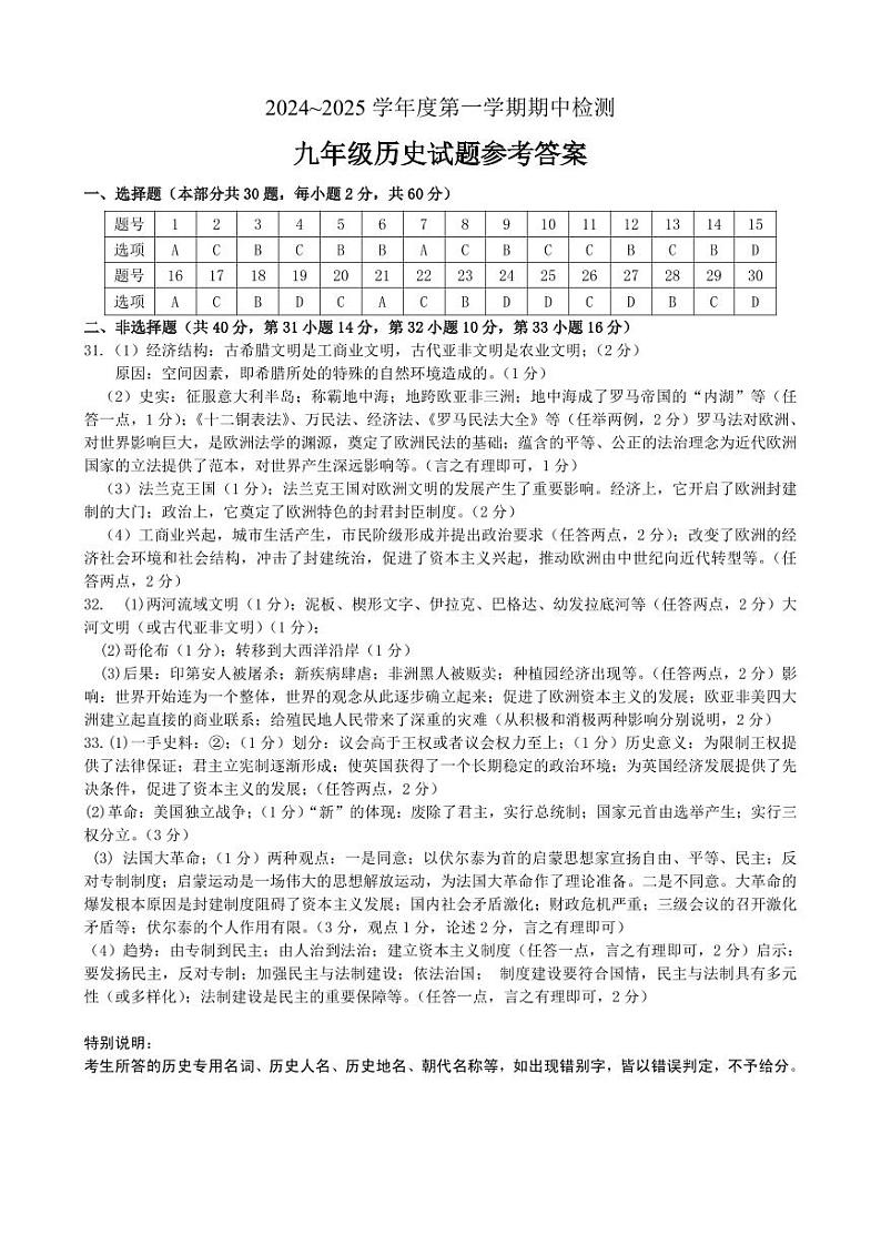 江苏省徐州市2024-2025学年九年级上学期期中检测历史试卷答案第1页