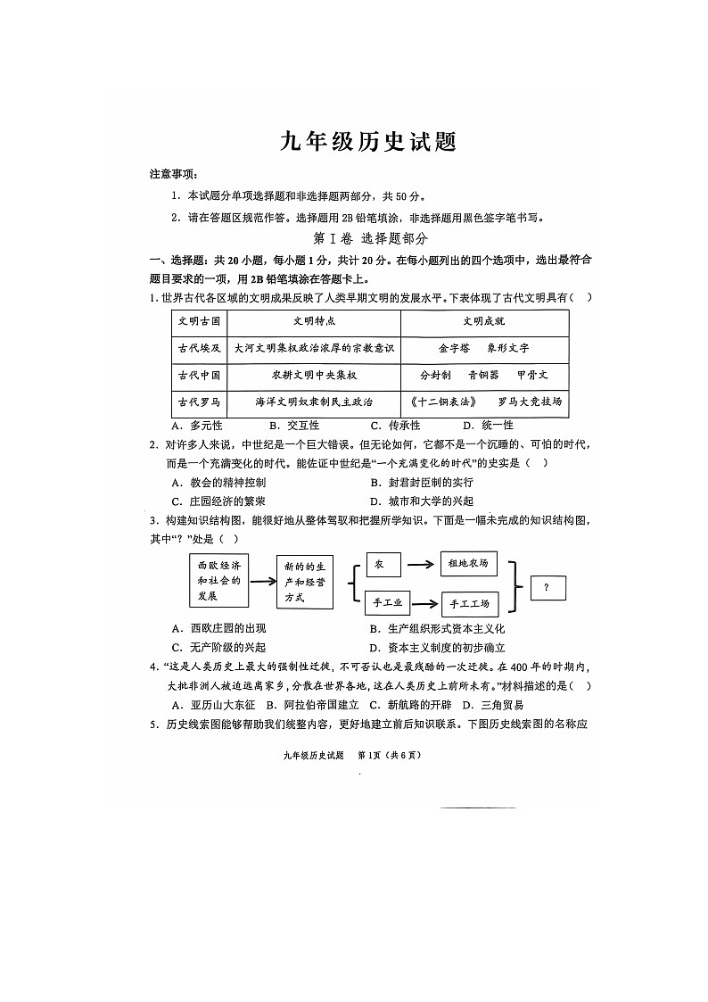 山东省菏泽市菏泽经济技术开发区2024-2025学年九年级上学期11月期中历史试题第1页
