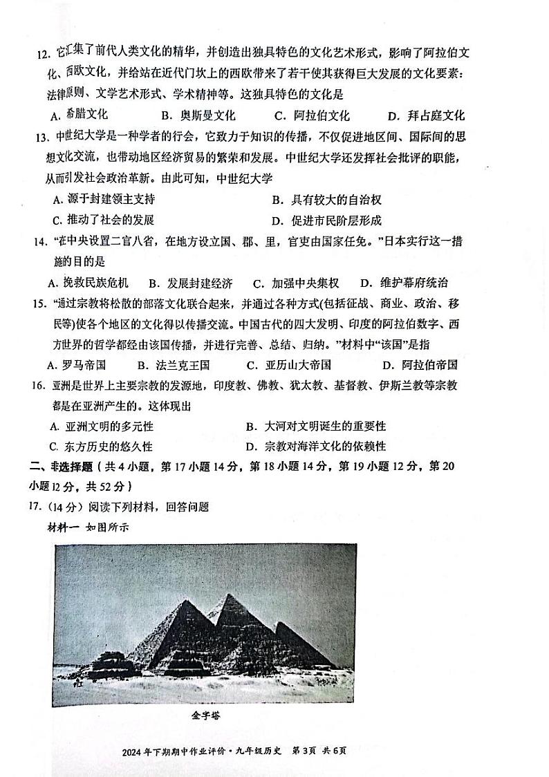 湖南省永州市宁远县2024-2025学年九年级上学期11月期中历史试题第3页