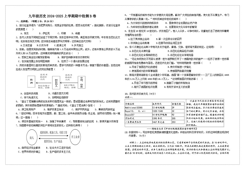 湖北省襄阳市第三十一中学2024-2025学年九年级上学期期中历史试卷第1页
