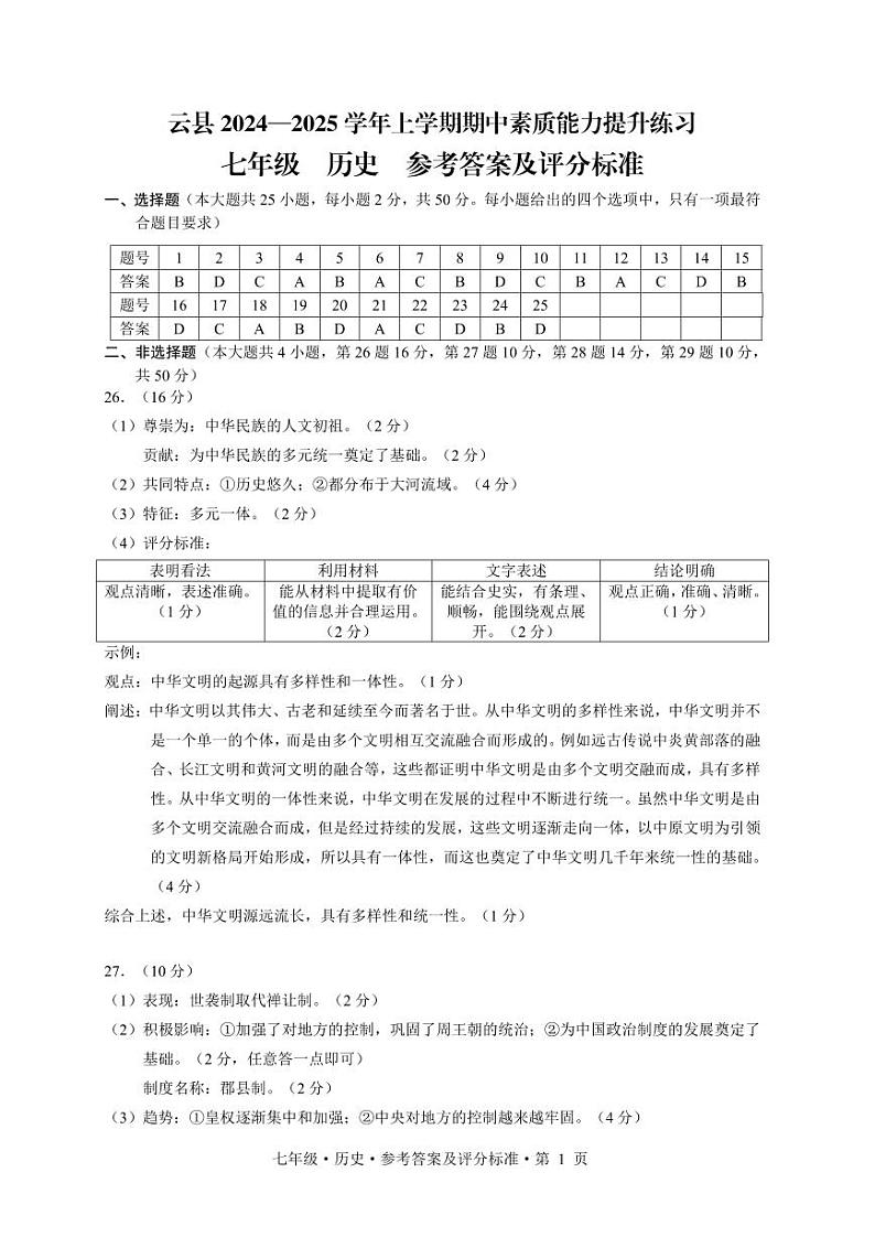 云县2024-2025上学期期中素质能力提升 历史参考答案第1页