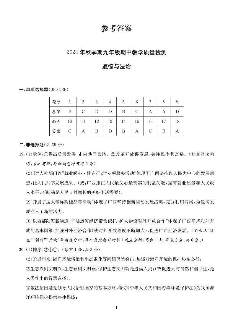 2024 年段考九年级道法答案第1页
