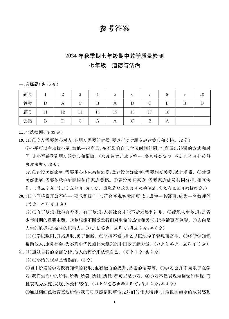 2024 年秋段考七年级道法答案第1页