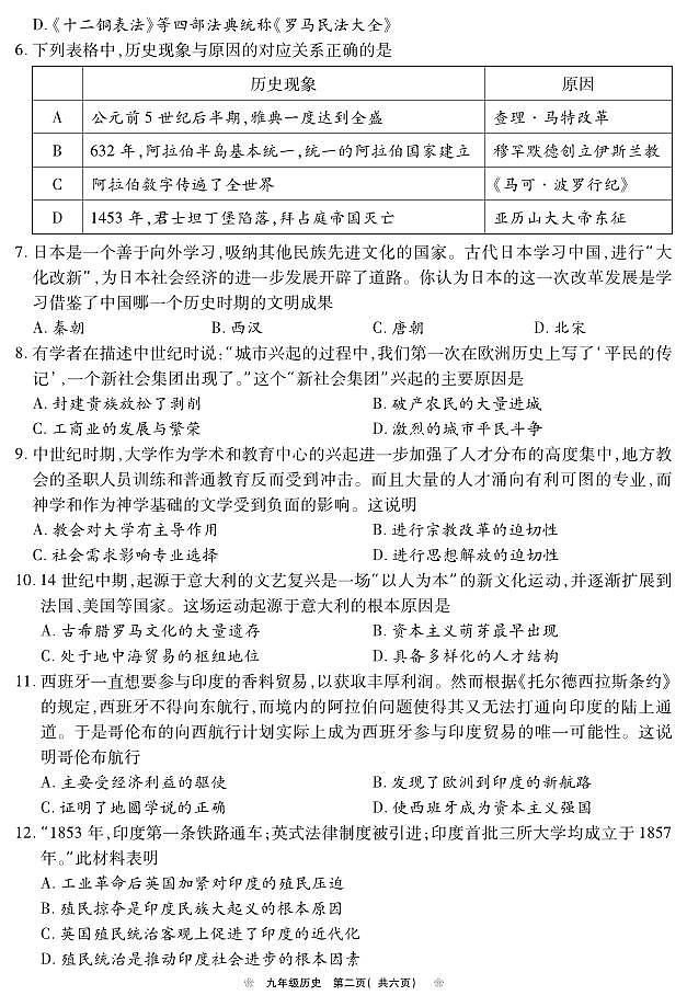 河南省鹤壁市2024-2025学年上期期中教学质量调研九年级历史试卷第2页