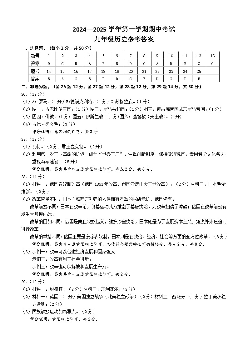 九年级历史答案第1页