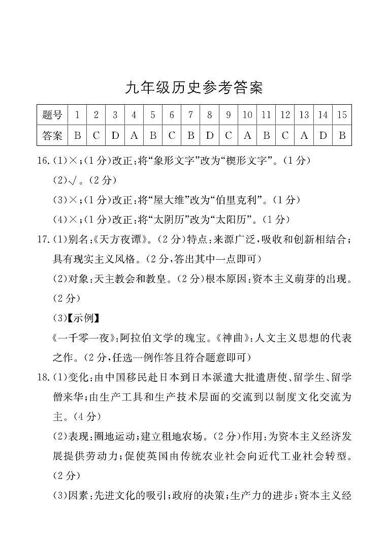 九年级历史答案第1页