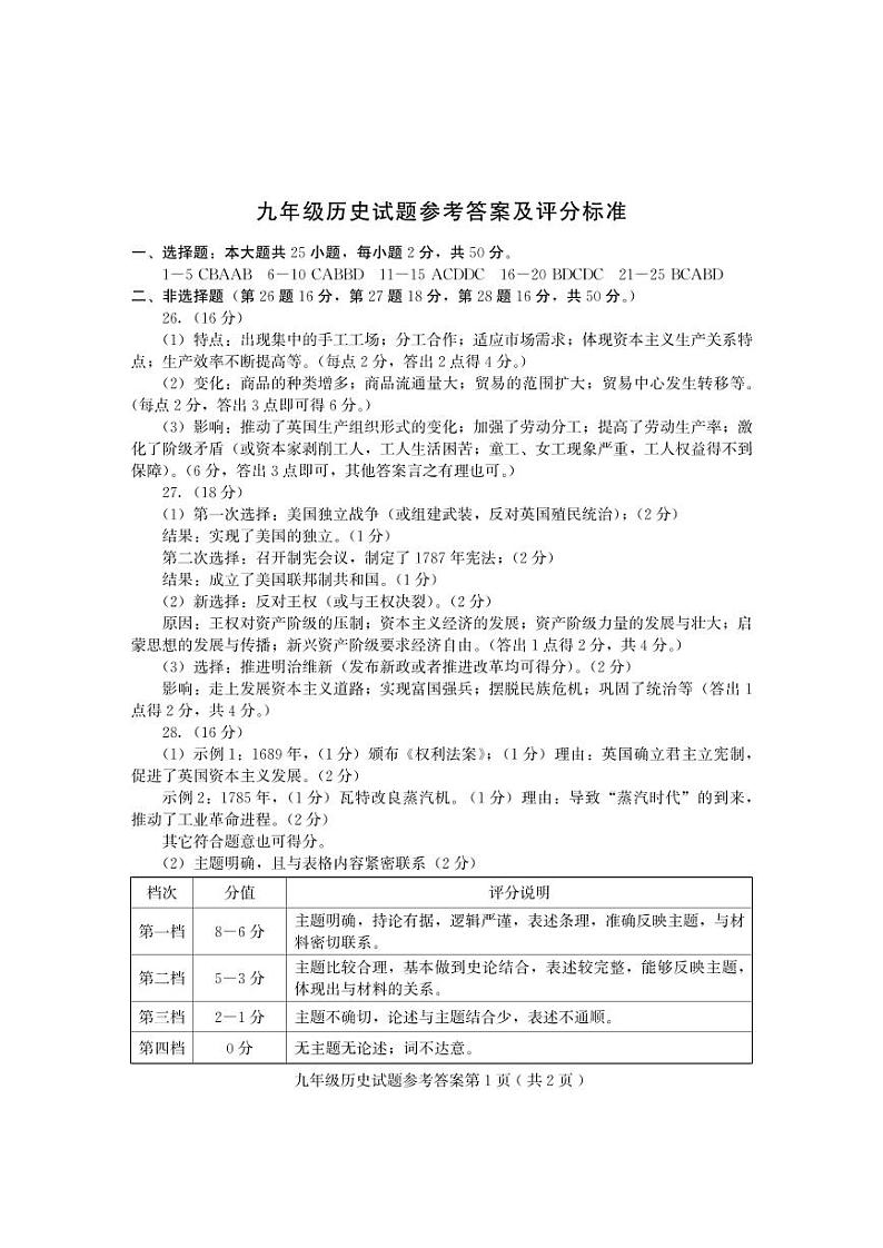 九年级参考答案第1页