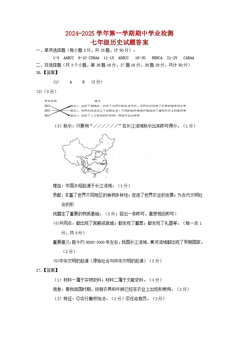 七年级历史试题（B）答案第1页