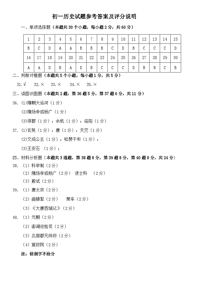 初一下册历史期中答案第1页