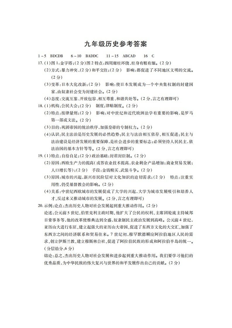 九年级历史答案第1页