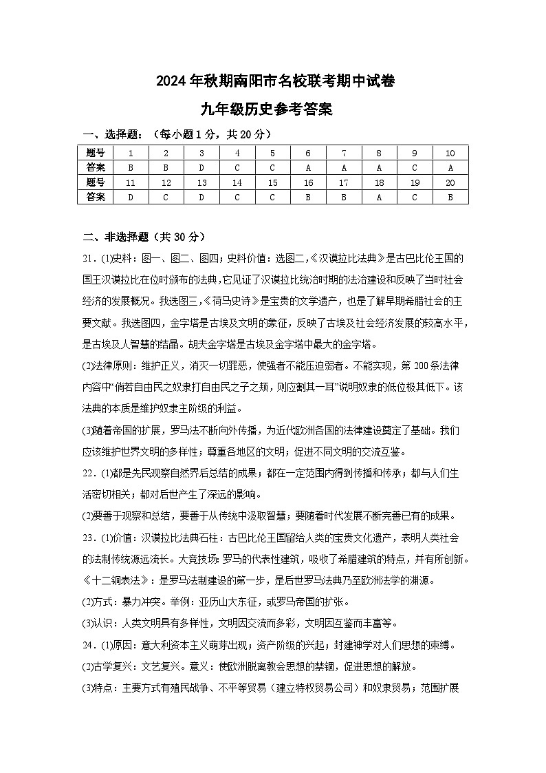 河南省南阳市名校联考2024-2025学年九年级上学期11月期中历史试题01