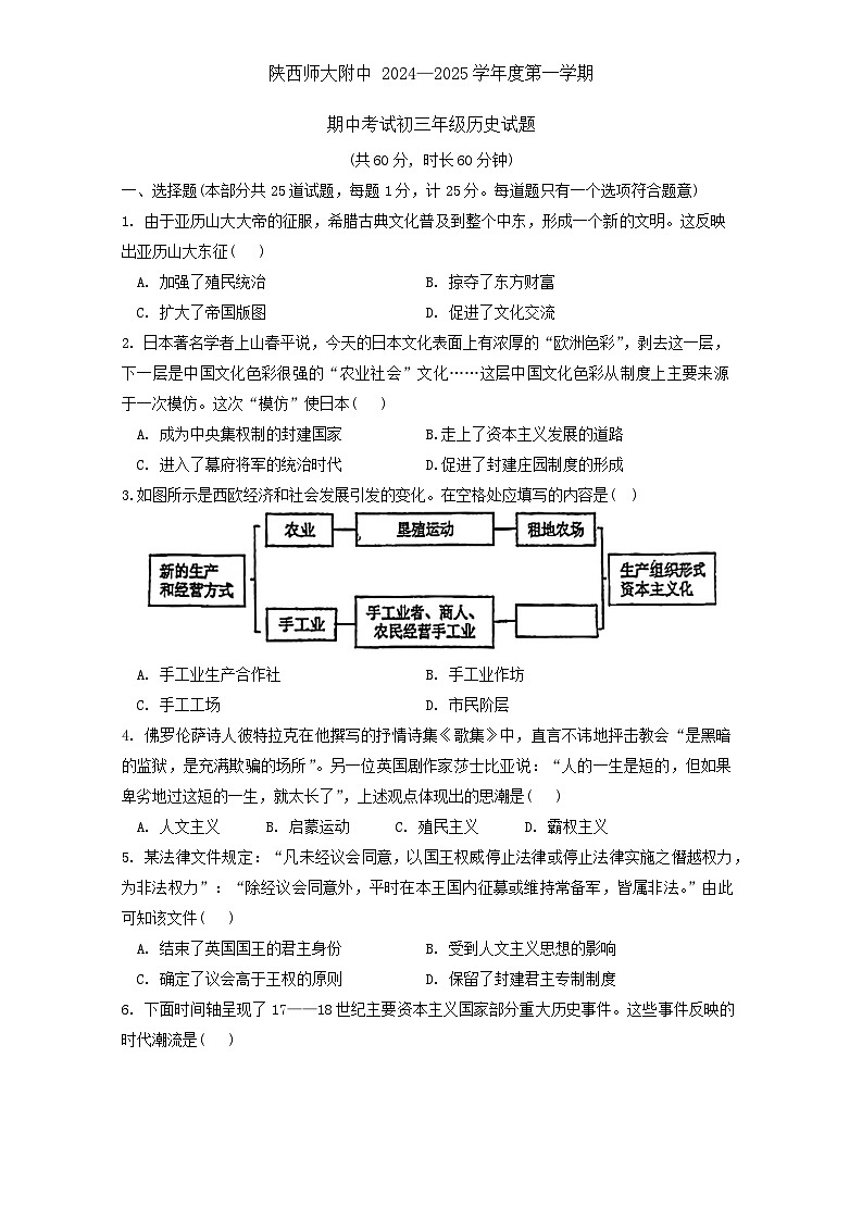 陕西省西安市陕西师范大学附属中学2024-2025学年九年级上学期期中历史试题第1页