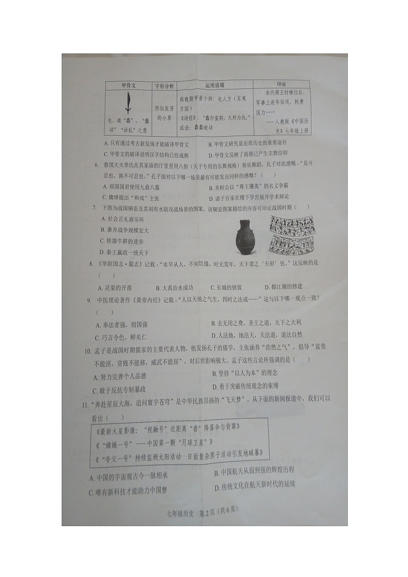 广东省深圳市龙岗区2024-2025学年部编版七年级历史上学期学科素养期中诊断试题(1-11课)02