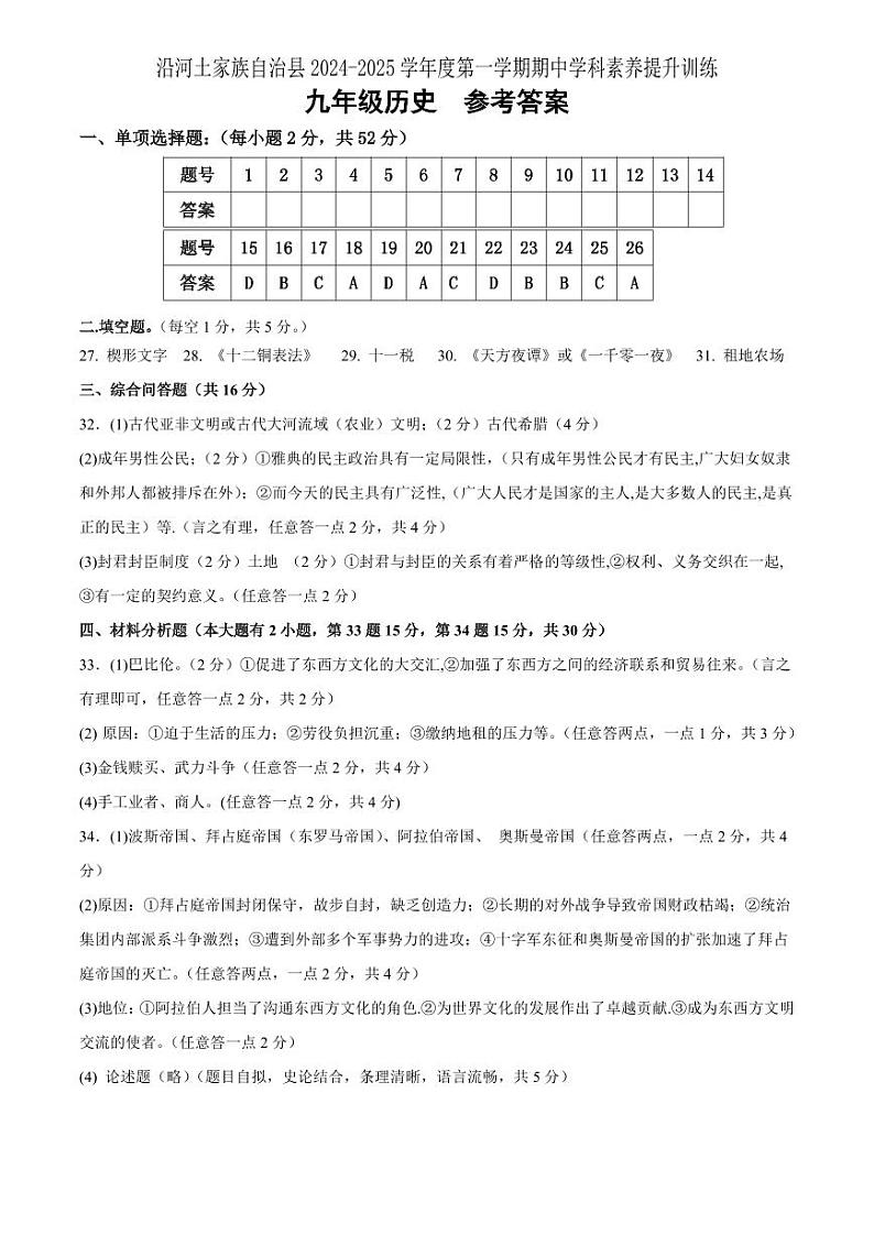 2024年九年级秋季学期历史期中素质测试题参考答案第1页