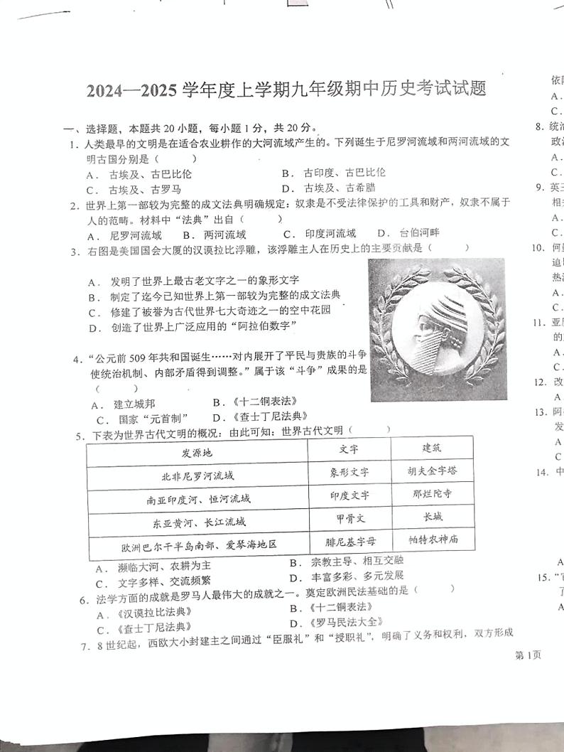 河南省周口市第十九初级中学2024-2025学年九年级上学期期中考试历史试卷第1页