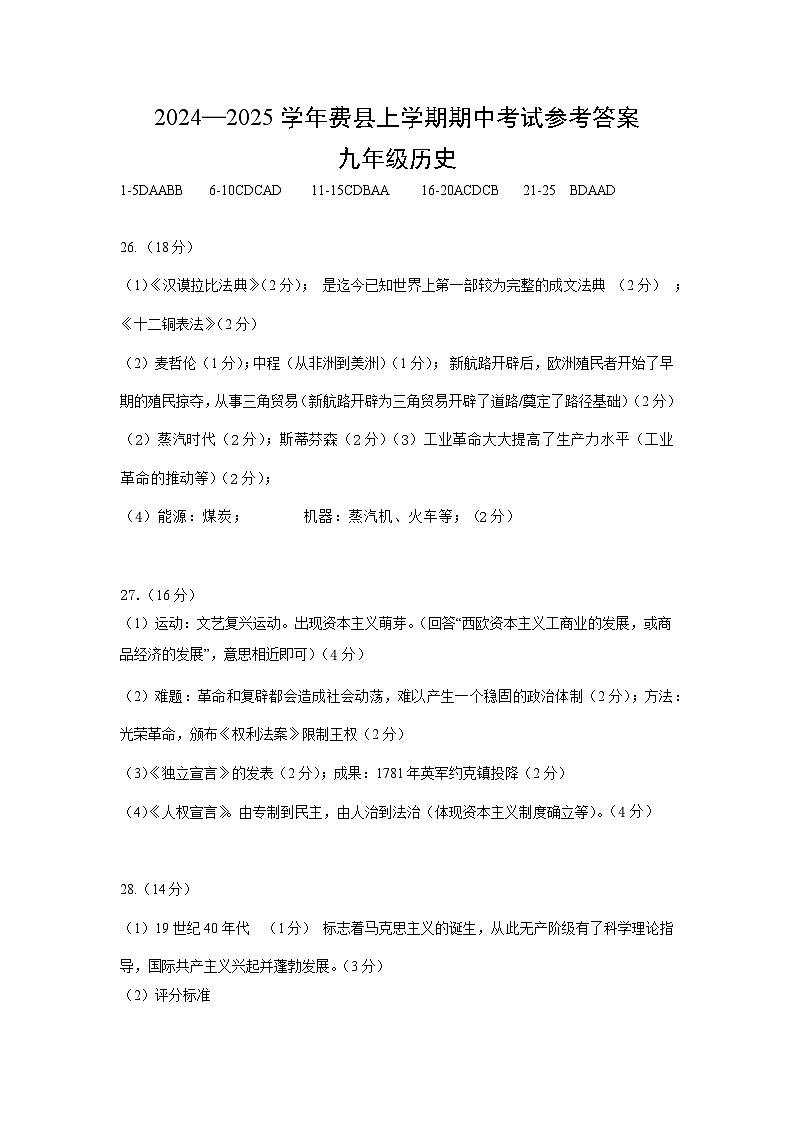山东省临沂市2024-2025学年九年级上学期期中历史试卷01
