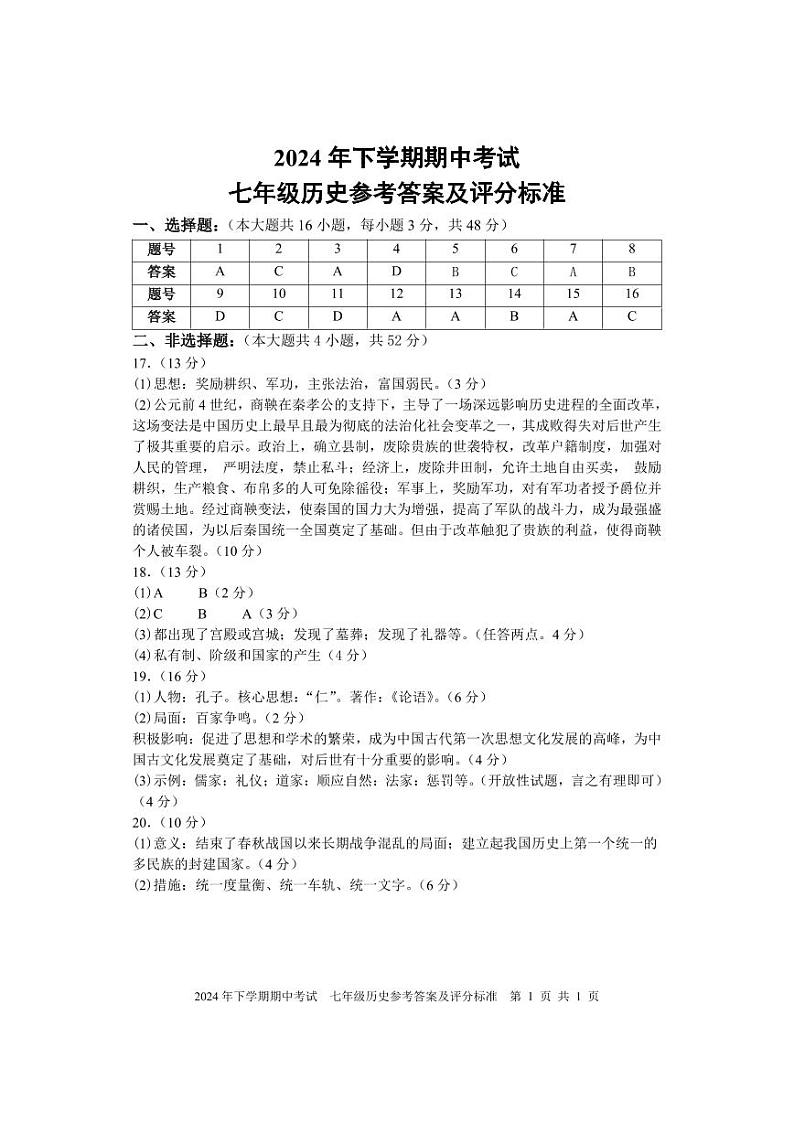 期中考试 七年级历史 参考答案第1页
