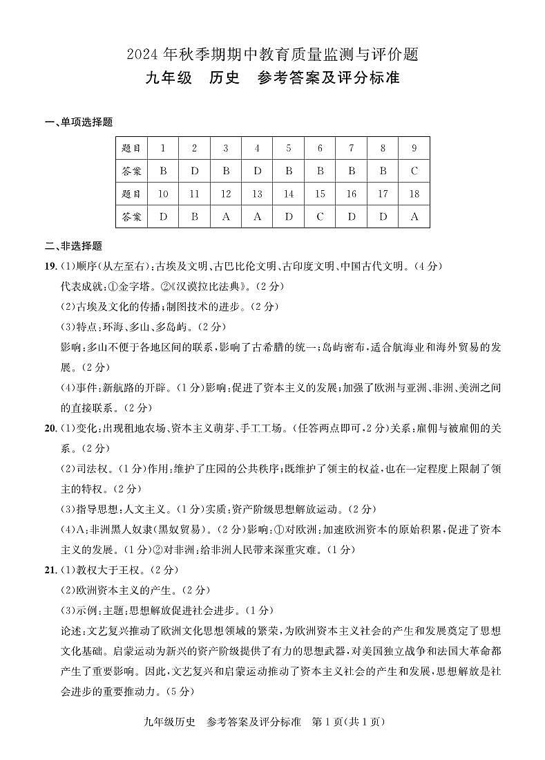 玉州·九年级期中检测·历史答案第1页