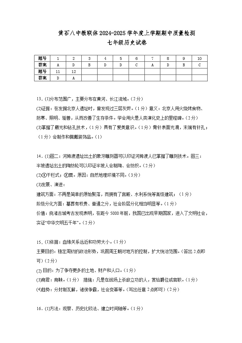 七年级历史参考答案第1页