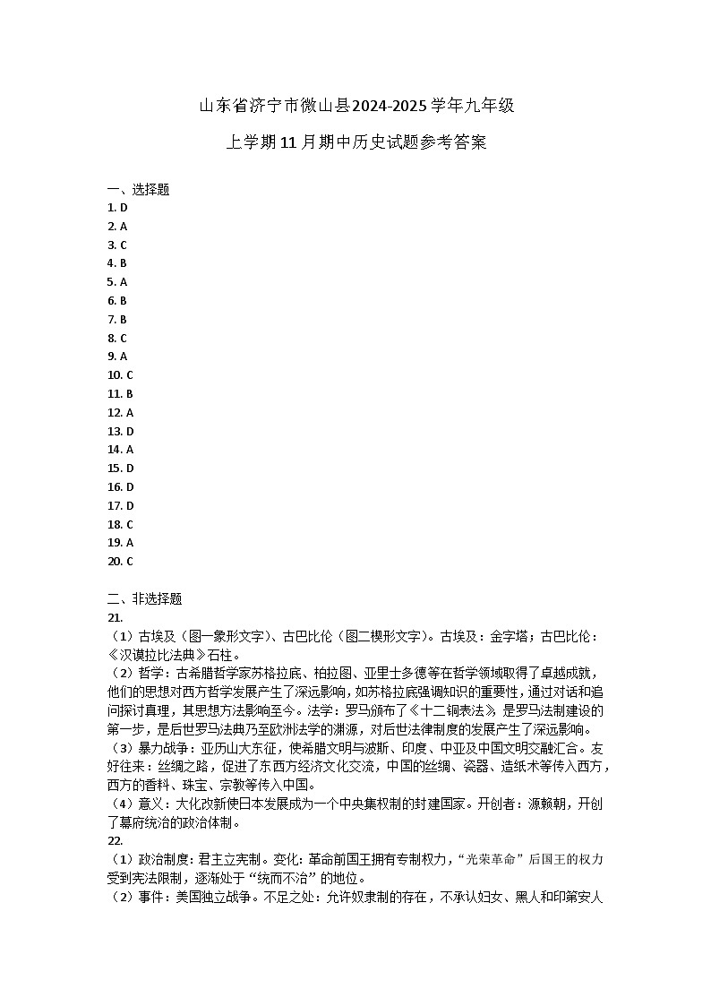 山东省济宁市微山县2024-2025学年部编版九年级上学期11月期中历史试题01