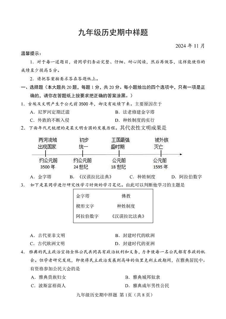 山东省菏泽市定陶区2024-2025学年九年级上学期期中考试历史试题01