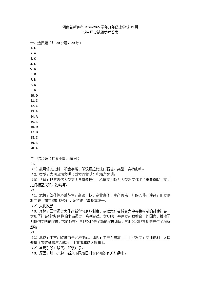河南省新乡市2024-2025学年九年级上学期11月期中历史试题答案第1页