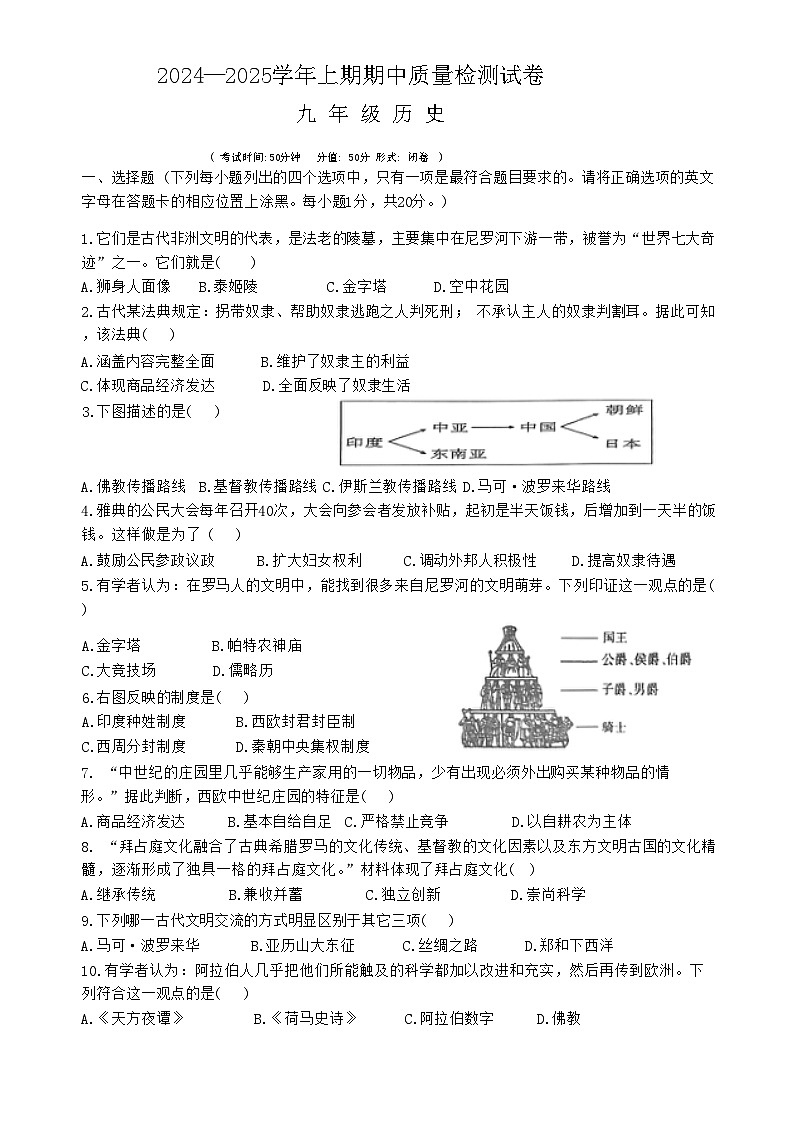 河南省罗山县2024-2025上期期中九年级历史试卷第1页