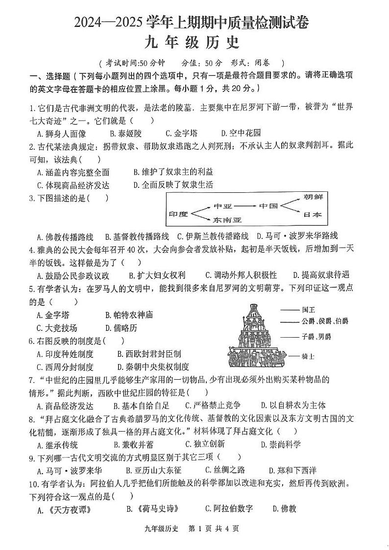 河南省罗山县2024-2025上期期中九年级历史试卷第1页