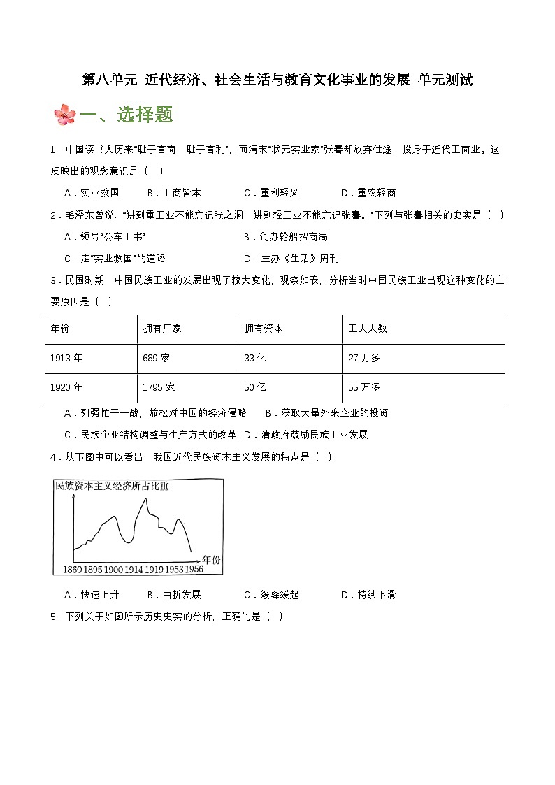 人教版初中历史 八上第八单元 近代经济、社会生活与教育文化事业的发展（单元测试）第1页