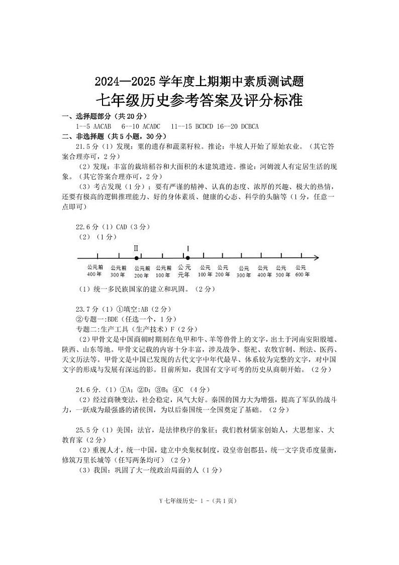 七年级历史 - 答案第1页