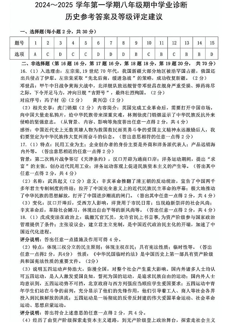 山西省太原市2024-2025学年八年级上学期期中历史试卷01