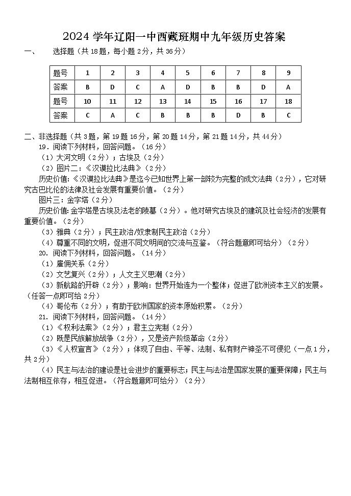 2024-2025学年上学期辽阳市第一中学西藏班期中九年级历史答案第1页