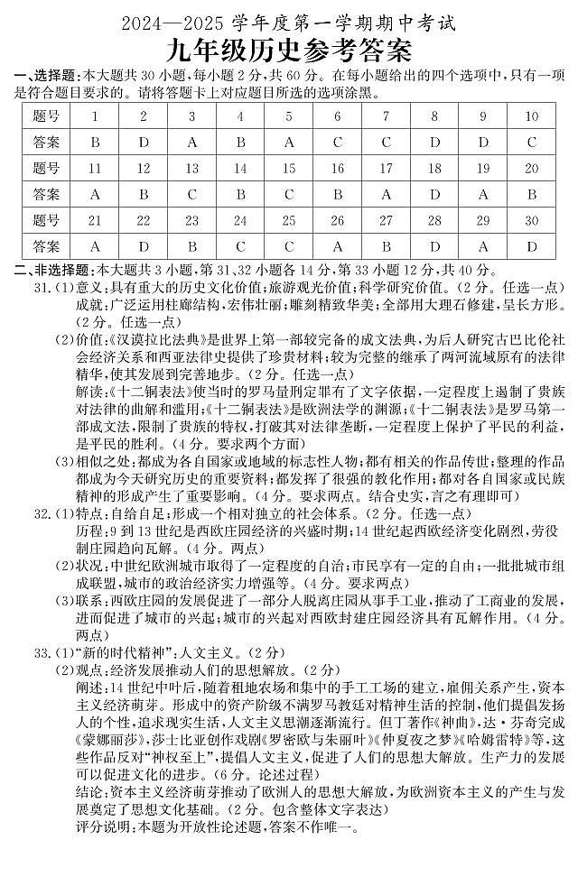 广东省茂名市电白区2024-2025学年部编版九年级历史上学期期中考试题01